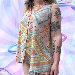 vtg 90s/y2k spense hi-low sheer button up collared tank top, sz sm, can fit md